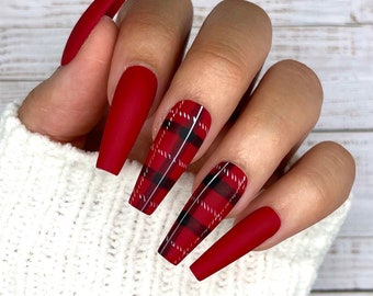 Red Plaid Press On Nails | Christmas Nails | Winter Nails | Fake Nails | Holiday | Seasonal | Glue On Nails | Gifts For Her