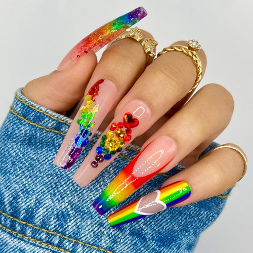 Rainbow Diva Press on Nails Glue on Nails Pride Nails - Etsy