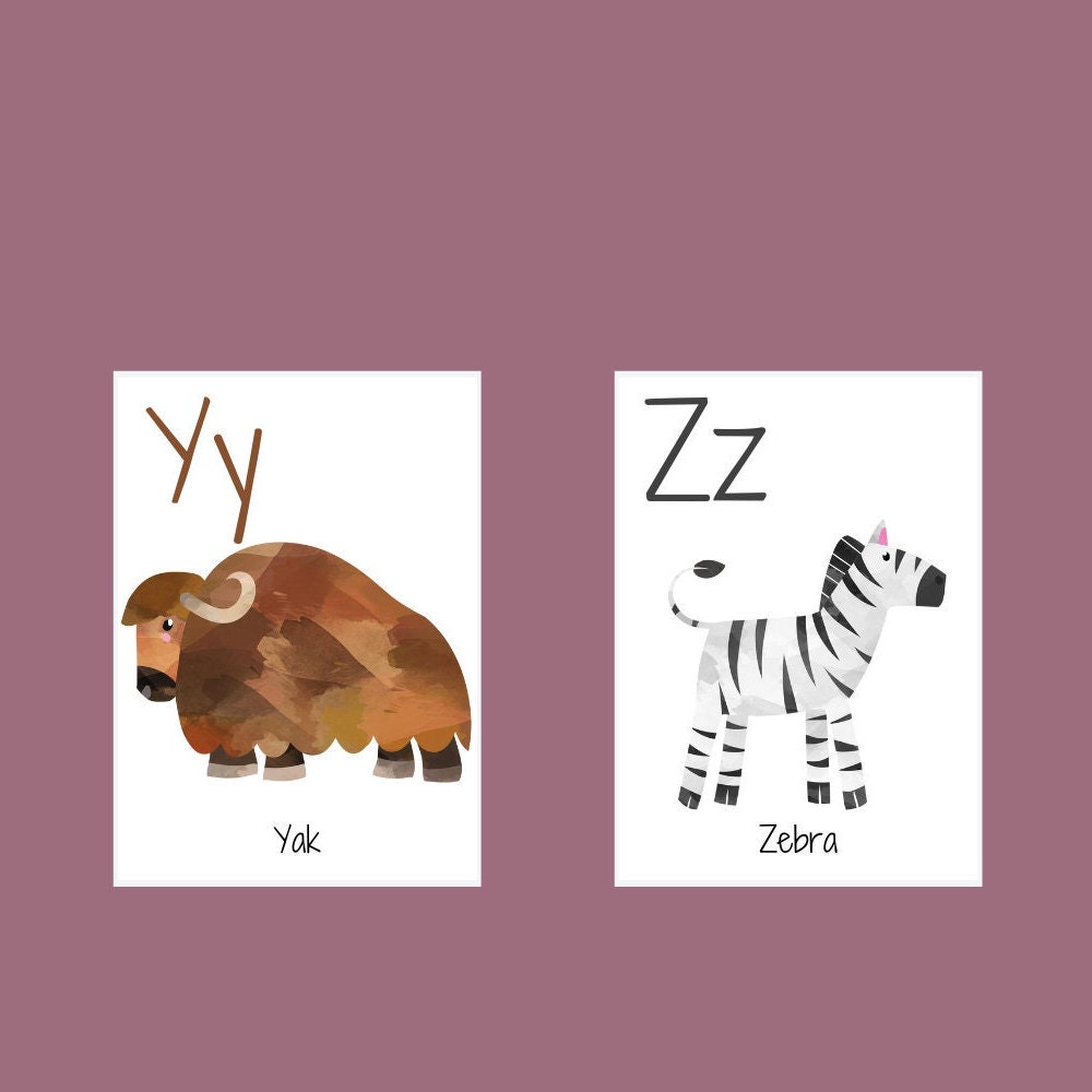 Animal Alphabet Flashcards ABC Watercolor Montessori Etsy