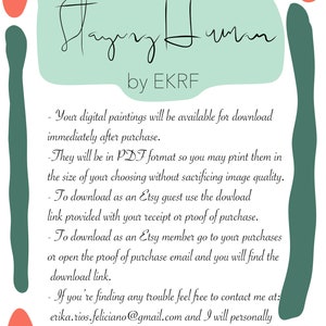 K&ouml;nnte beinhalten: Eine digitale Kunst-Download-Informationskarte mit einem t&uuml;rkisfarbenen Hintergrund und abstrakten Formen in Orange, Pfirsich und Gr&uuml;n. Der Text lautet "Playing Human by EKRF". Die Karte enth&auml;lt Informationen zum Herunterladen digitaler Gem&auml;lde im PDF-Format, einschlie&szlig;lich Anweisungen f&uuml;r Etsy-G&auml;ste und Mitglieder.