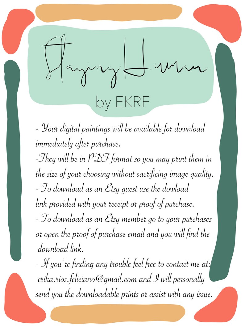 K&ouml;nnte beinhalten: Eine digitale Kunst-Download-Informationskarte mit einem t&uuml;rkisfarbenen Hintergrund und abstrakten Formen in Orange, Pfirsich und Gr&uuml;n. Der Text lautet "Playing Human by EKRF". Die Karte enth&auml;lt Informationen zum Herunterladen digitaler Gem&auml;lde im PDF-Format, einschlie&szlig;lich Anweisungen f&uuml;r Etsy-G&auml;ste und Mitglieder.