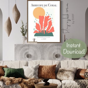 K&ouml;nnte beinhalten: Ein digitaler Kunstdruck mit einem Korallenriff, einer Sonne und Blasen. Der Druck tr&auml;gt den Titel "Arrecife de Coral" und ist von EKKRF.