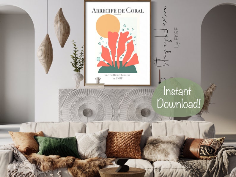 K&ouml;nnte beinhalten: Ein digitaler Kunstdruck mit einem Korallenriff, einer Sonne und Blasen. Der Druck tr&auml;gt den Titel "Arrecife de Coral" und ist von EKKRF.