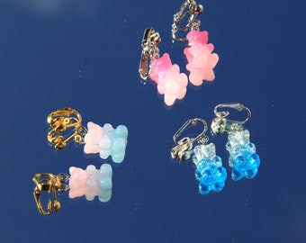 Gummy bear clip earrings 90s party jewelry glittering 14 colors earrings without ear holes gold silver platinum colors iron clips gold bears