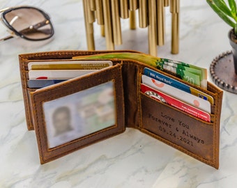Leder-Geldbörse für Männer, personalisierte Leder-Geldbörse mit Ausweisfenster, RFID-Geldbörse für Herren mit Foto, Weihnachtsgeschenke für Ihn, Freund, Papa