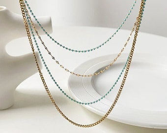 Minimalist Turquoise Beads Chain 4 Layered Necklace Women Stainless Steel Mix Gold Plated Chains Waterproof Jewelry