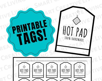 Op de afbeelding: Printbare labels voor ovenwanten, met een zwart-wit ontwerp en de tekst "Hot Pad 100% Handmade". Er zijn in totaal 15 labels, gerangschikt in een raster.