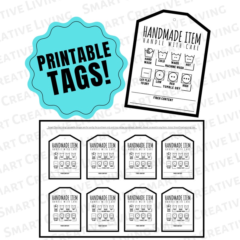 PRINTABLE Care Tags Price Labels for Handmade Crocheted or Etsy