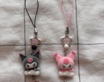 handmade beaded flocked fuzzy kuromi phone charms!