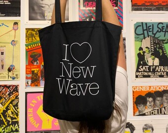 I Love New Wave Tote | Eco Organic Cotton Twill Canvas Heart Black Bag 80s 1980s Punk Post-Punk Goth Shoegaze Typewriter Minimalist Music
