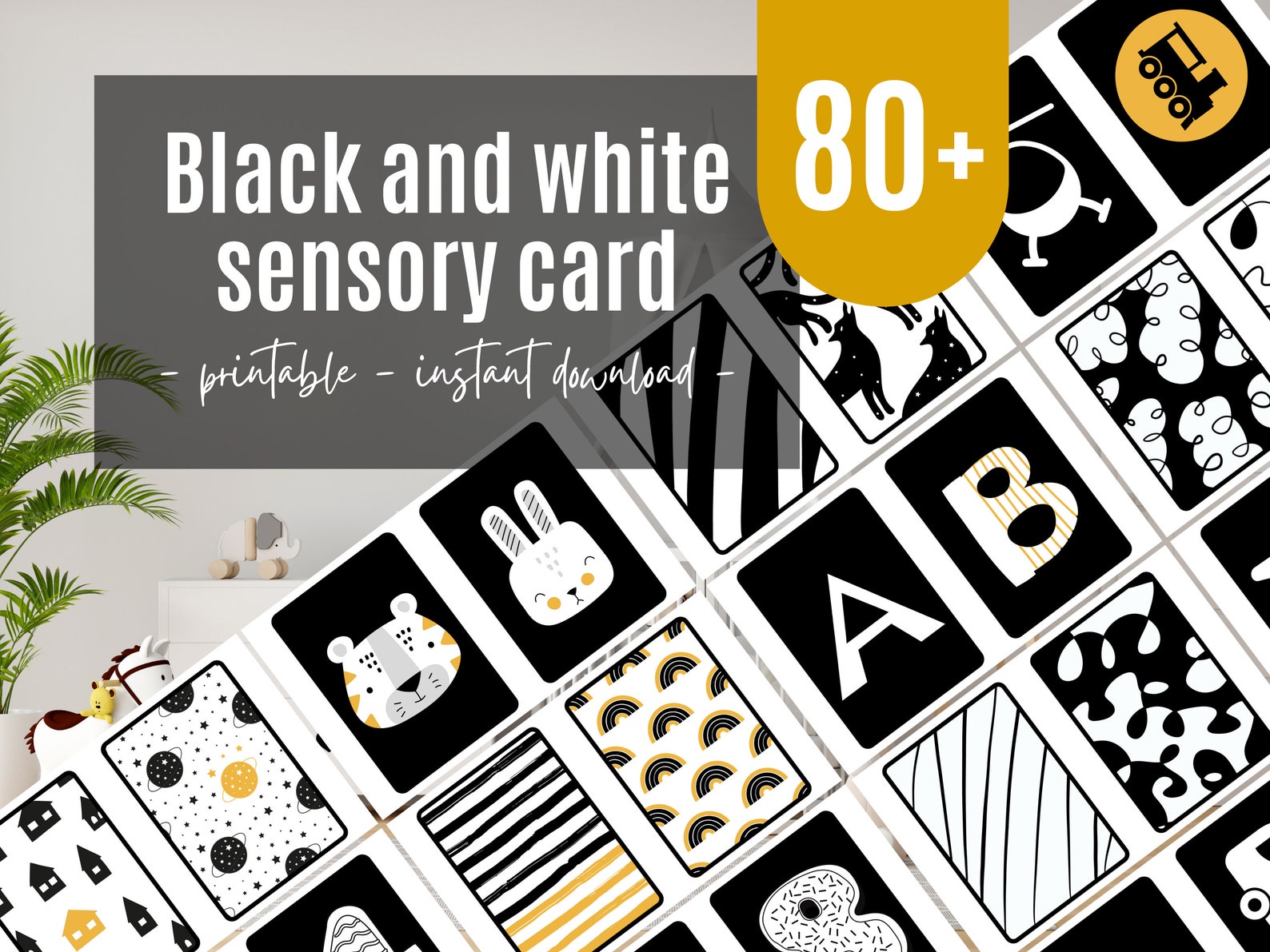 Printable Black and White and Yellow Flashcards, Set of 80 High ...