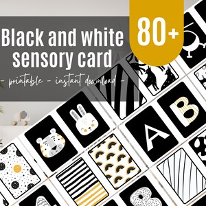 Flashcard stampabili in bianco e nero e giallo, set di 80 carte per bambini ad alto contrasto, carte sensoriali in bianco e nero, regali per neonati