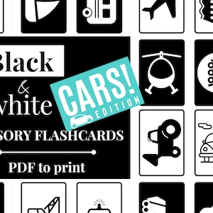 Black and white flashcards, Sensory black and white cards, Printable PDF, Contrast sensory cards for newborns 0-6 months | Cars edition