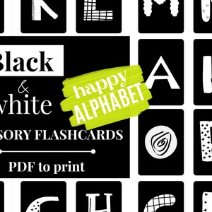 Cartes mémoire en noir et blanc avec alphabet joyeux, Cartes sensorielles en noir et blanc, PDF imprimable, Cartes sensorielles de contraste pour les nouveau-nés de 0 à 6 mois