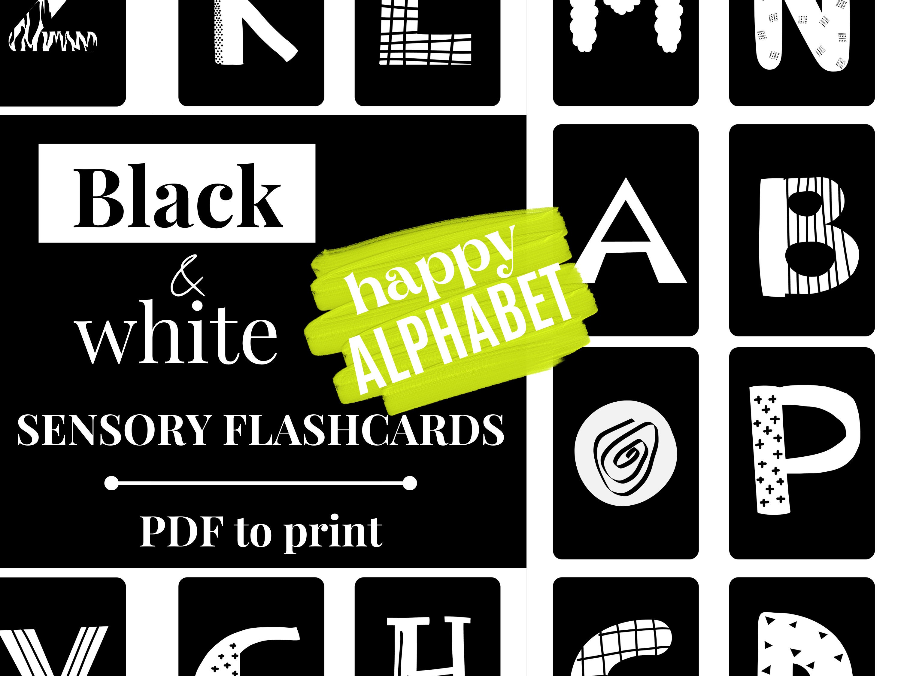 black and white flashcards with happy alphabet sensory black etsy