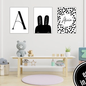 Arte de pared en blanco y negro para recién nacidos, conjunto de guardería personalizado de tres decoraciones monocromáticas, conjunto de arte de pared para bebés de 3 arte de habitación para niños escandinavos
