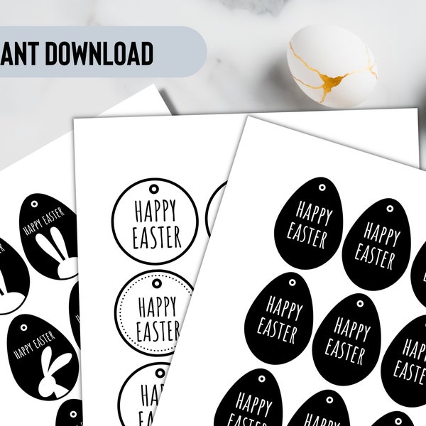 Black and white Easter gift tags. Easter basket tags. Printable Easter PDF labels. Instant downland. Nordic style Easter. Easter treats