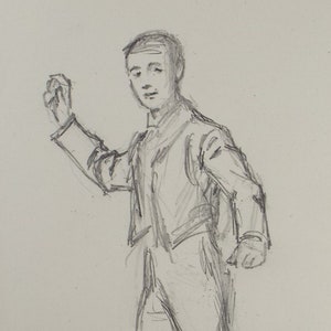 May include: A pencil sketch of a person wearing a jacket and pants. The person is standing with their right arm raised and their left hand on their hip.