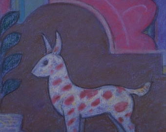 Original Pastel drawing, 'Abstract Shapes with spotted animal', Circa 1980's, Artist Unknown