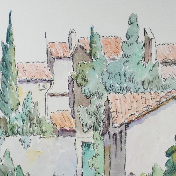 Original Watercolour & ink, 'Villeneuve', Cicely Glyn de Beers (1891-1973), Circa 1960's