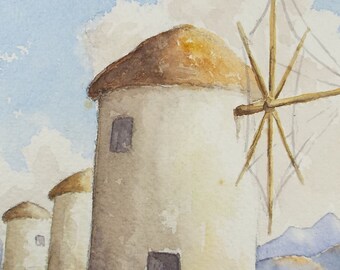 Original Watercolour 'Greek Windmill', Dated 1949, J M Morton