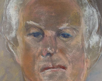 May include: A pastel drawing of a person with white hair, wearing a white collared shirt and a dark jacket. The person has a serious expression and their eyes are looking directly at the viewer.