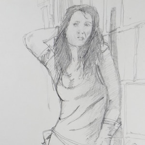 May include: A pencil drawing of a woman with long hair, wearing a simple top and trousers, standing against a wall. The drawing is titled "the wall, tonal" and dated "Feb 1, 81."