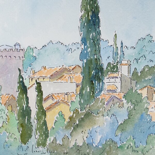 Original Watercolour & ink, 'Villeneuve', Cicely Glyn de Beers (1891-1973), Dated 1964