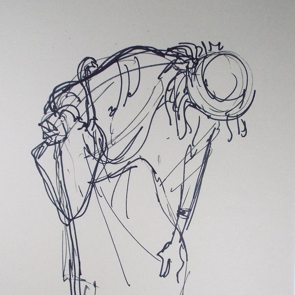 Original Pen & Ink Sketch,'Crouching Figure',Richard Bazley b1962, Circa 1980's