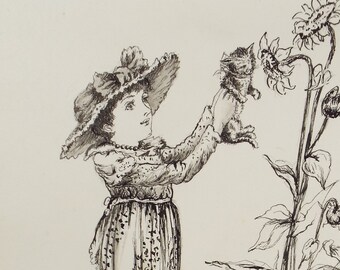 Original Pen & Ink Sketch, 'The Unappreciative Kitten', Circa 1880's, Artist Unknown