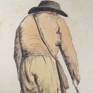 May include: A watercolour painting of a person wearing a brown jacket and trousers, a black hat, and walking with two wooden canes.