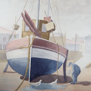 Original Watercolour, &#39;Fishingboat in the Harbour with figure&#39;, F Tinkler, circa 1940&#39;s