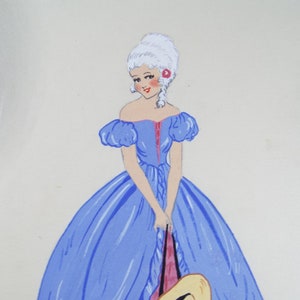 May include: A hand-painted illustration of a woman in a blue and pink dress holding a straw hat. The woman has white hair and is wearing a pink flower in her hair. The illustration is signed "L.C. FEB. 7. 1938."