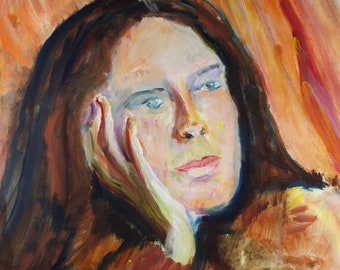 Original de acuarela y Gouache, 'Figura femenina contemplativa', c1990's, Artista desconocido
