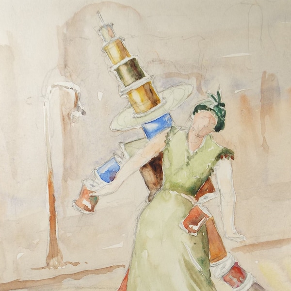 Original Watercolour, 'Woman with a Surrealist figure' , c1950's - Robert Case (20th Century British)
