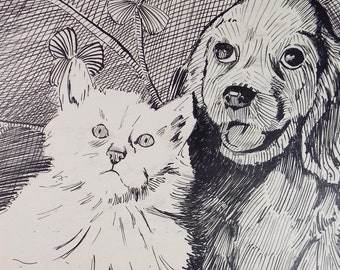 Original Pen & ink, 'Cat and Dog', unknown artist, circa 1950's