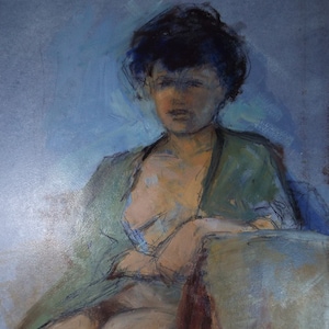 May include: A painting of a person sitting in a chair. The person is wearing a green robe and has short dark hair. The background is a light blue color.