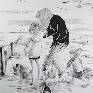 Original Pen & Ink, &#39;At the Beach&#39;, Dated 1984,  Signed TERRI