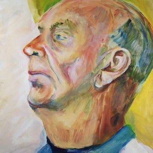 Peut inclure: Une peinture d'un visage d'homme, avec un col de chemise bleu et blanc. L'homme a un teint clair et regarde vers le haut et vers la gauche. L'arrière-plan est jaune clair.