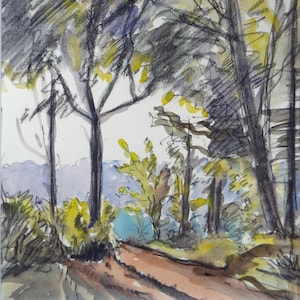 May include: A watercolor painting of a forest path with trees on either side. The trees are drawn with dark gray and black lines, and the path is a light brown color. The background is a light blue color.