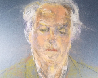 May include: A pastel drawing of a person with white hair and a light blue jacket. The person has their eyes closed and is looking down.