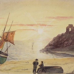 Original Watercolour, &#39;Boat on the Shore with figures&#39;, Late 19th Century, Unknown Artist