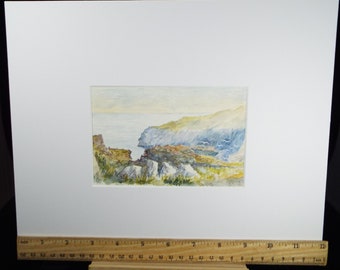 オリジナルの水彩画（紙に描いたもの）「海岸の崖のある海」、20 世紀