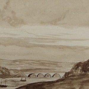 Original Watercolour, &#39;River Bridge with moored boats&#39;, Dated 1880, Artist unknown