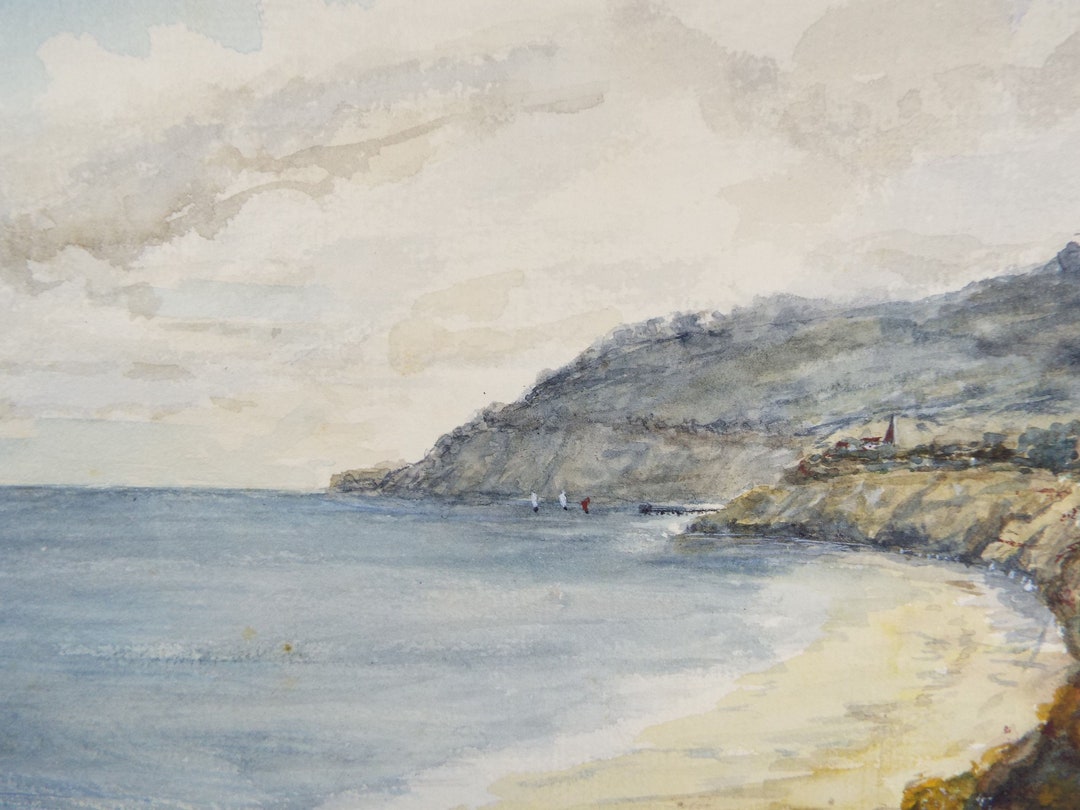 オリジナル水彩画、「浜辺と遠くのボートのある湾」、1910 年頃、作者