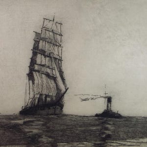 May include: A black and white etching on paper depicting a large sailing ship with multiple masts and furled sails positioned on the left, alongside a smaller steam-powered tugboat emitting smoke on the right, set against a textured sea.