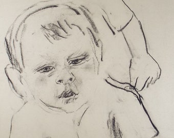 Original Conte Drawing, 'Child Playing', Leslie Duxbury ARCA (1921-2001), Circa 1970's