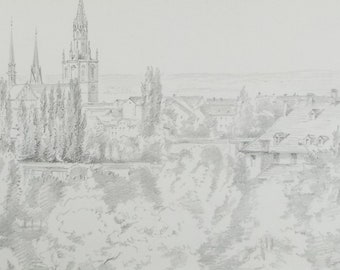 Original Pencil Drawing, 'Constance (Konstanz)', dated 1887, Artist unknown