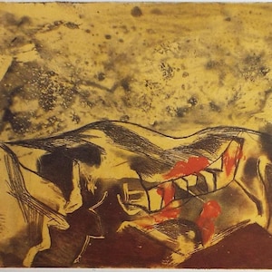 May include: Abstract artwork with a landscape theme. The image features a textured, sepia-toned background with dark brown and red accents. The artwork depicts a mountain range and other abstract shapes.