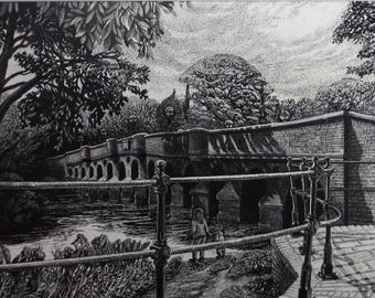 May include: A black and white illustration of a stone bridge over a river. The bridge has arches and is surrounded by trees. Two people are walking on the path next to the river.